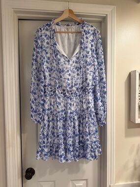 Skies Are Blue White Dress with Blue Floral Print — Long Sleeve Tiered